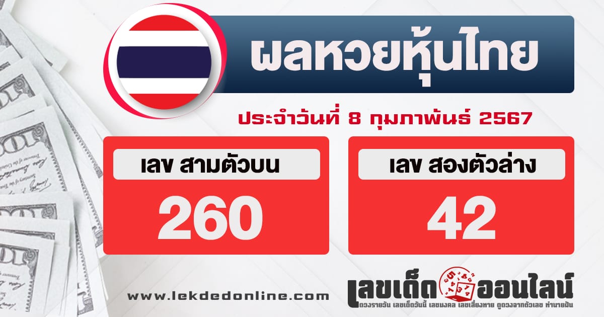 ผลหวยหุ้นไทย 8/2/67-"Thai stock lottery results 8267"
