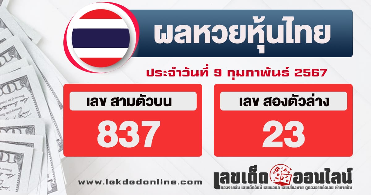 ผลหวยหุ้นไทย 9/2/67 -"Thai stock lottery results 9267"
