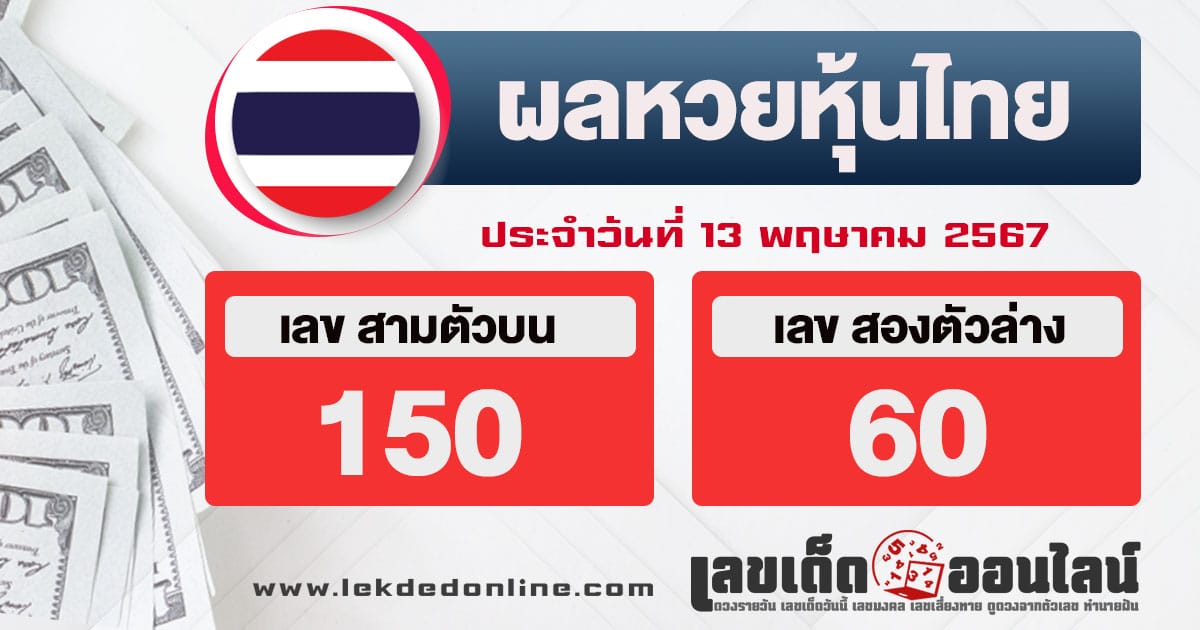 ผลหวยหุ้นไทย 13/5/67-"Thai stock lottery results -13-5-67"