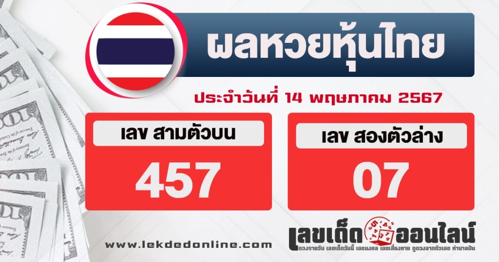 ผลหวยหุ้นไทย 14/5/67 - "Thai stock lottery results 14567"