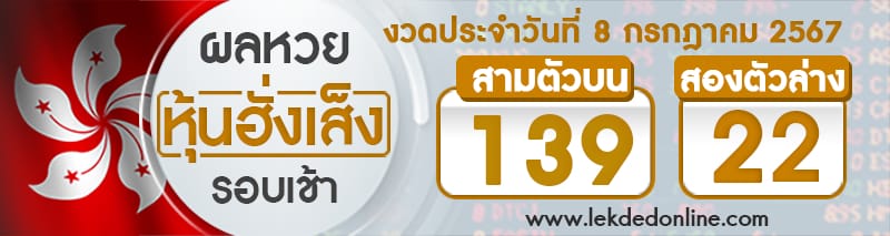 ผลหวยหุ้นฮั่งเส็งรอบเช้า 8/7/67-"Hang Seng stock lottery results, morning round 8/7/67"