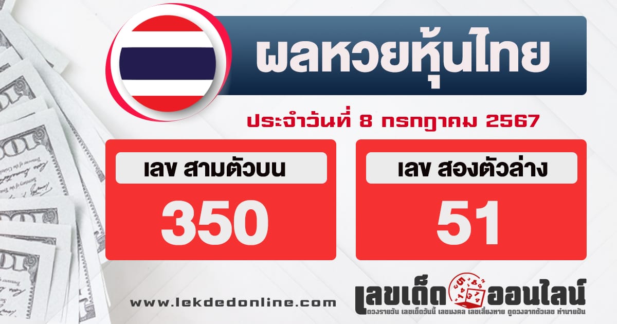 ผลหวยหุ้นไทย 8/7/67-"Thai stock lottery results 8/7/67"