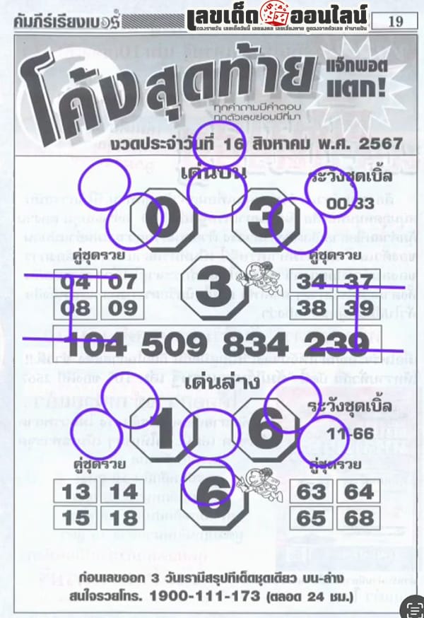 เลขโค้งสุดท้าย 16 8 67-"Last number: 16 8 67"