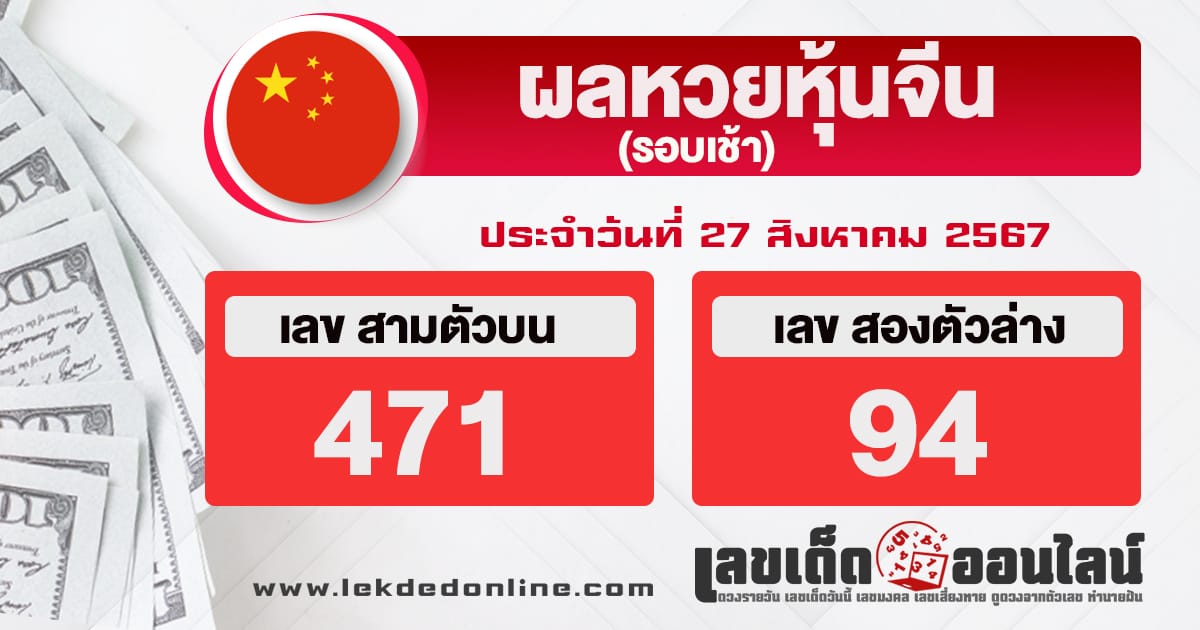 ผลหวยหุ้นจีนเช้า 27/8/67 -"Morning Chinese stock lottery results 27-8-67"