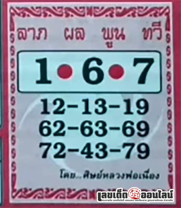 เลขลาภ ผล พูน ทวี 16 10 67-"Fortune numbers Phon Poon Thawee 16 10 67"