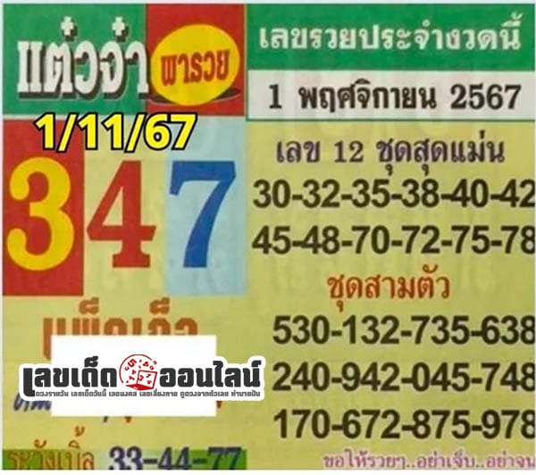 เลขแต๋วจ๋า 1 11 67-"Taew-Jas-number"