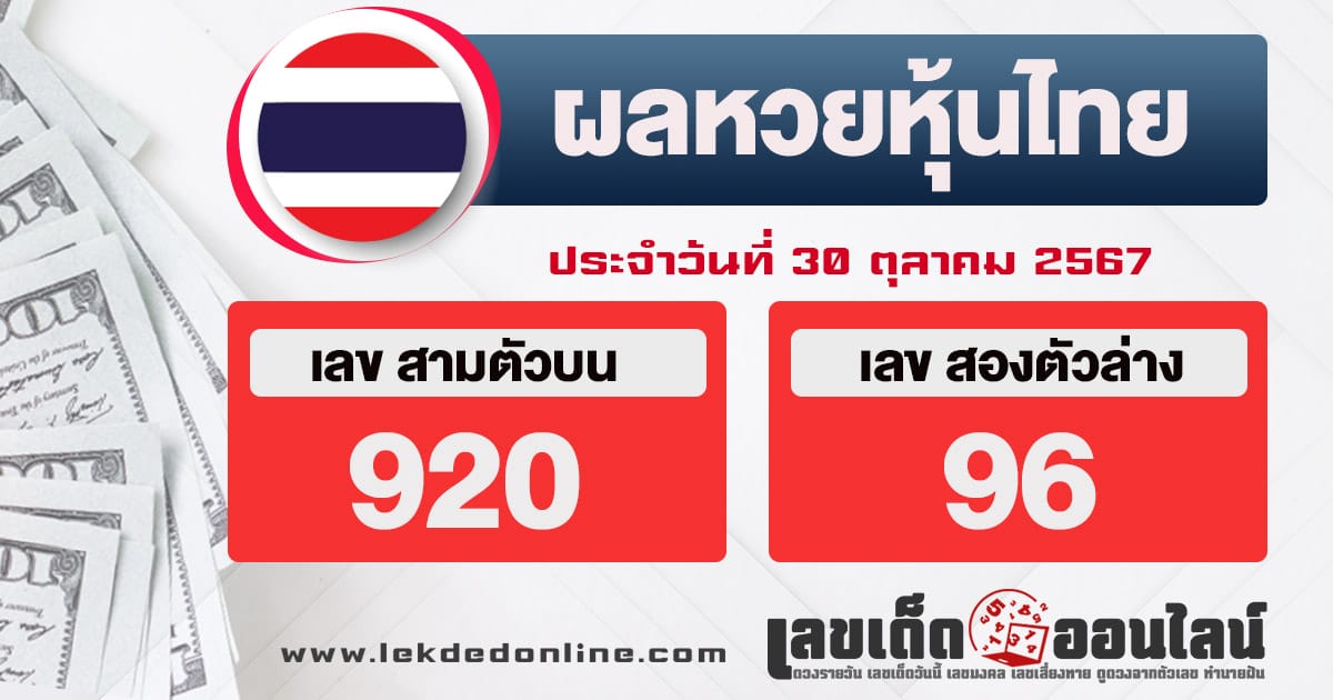 ผลหวยหุ้นไทย 30/10/67 -"Thai stock lottery results 30/10/67"