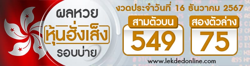 ผลหวยหุ้นฮั่งเส็งรอบบ่าย 16/12/67-"Hang Seng stock lottery, afternoon round"