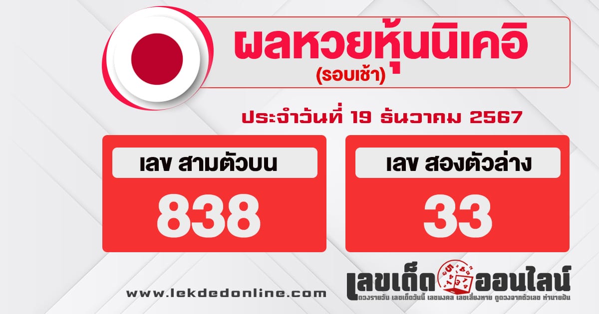 ผลหวยหุ้นนิเคอิเช้า 19/12/67 - "Morning Nikkei stock results 19-12-67"