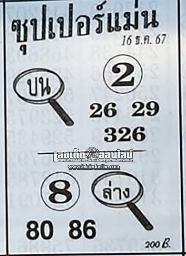 เลขซุปเปอร์แม่น 16 12 67-"Super accurate number"