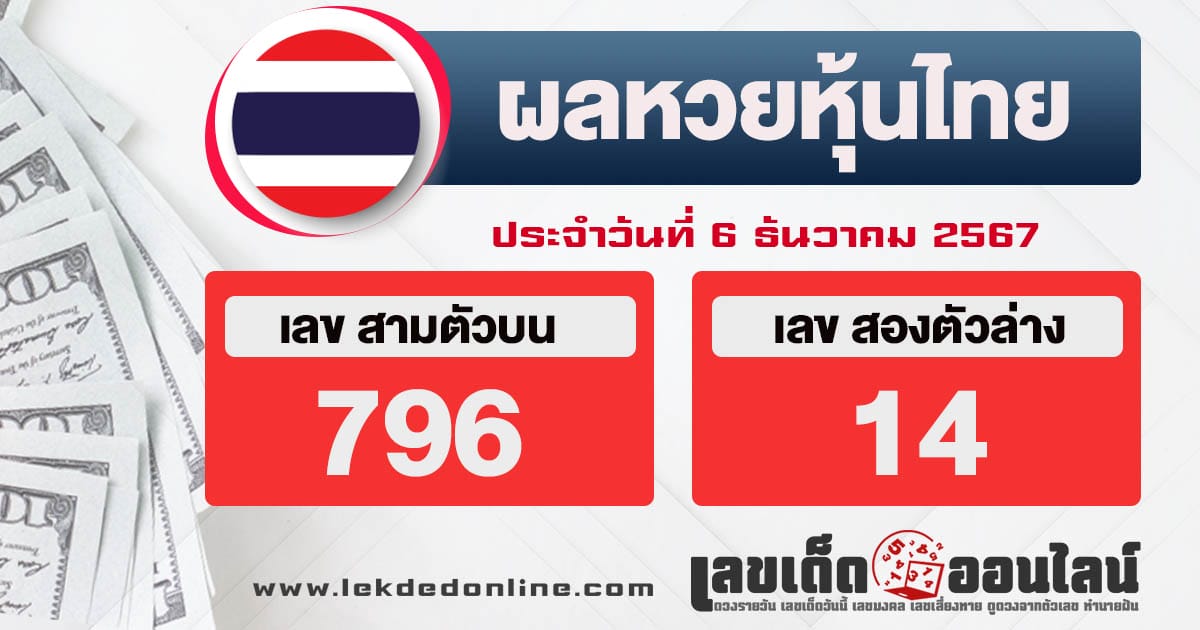 ผลหวยหุ้นไทย 6/12/67-"Thai stock lottery results 6/12/67"