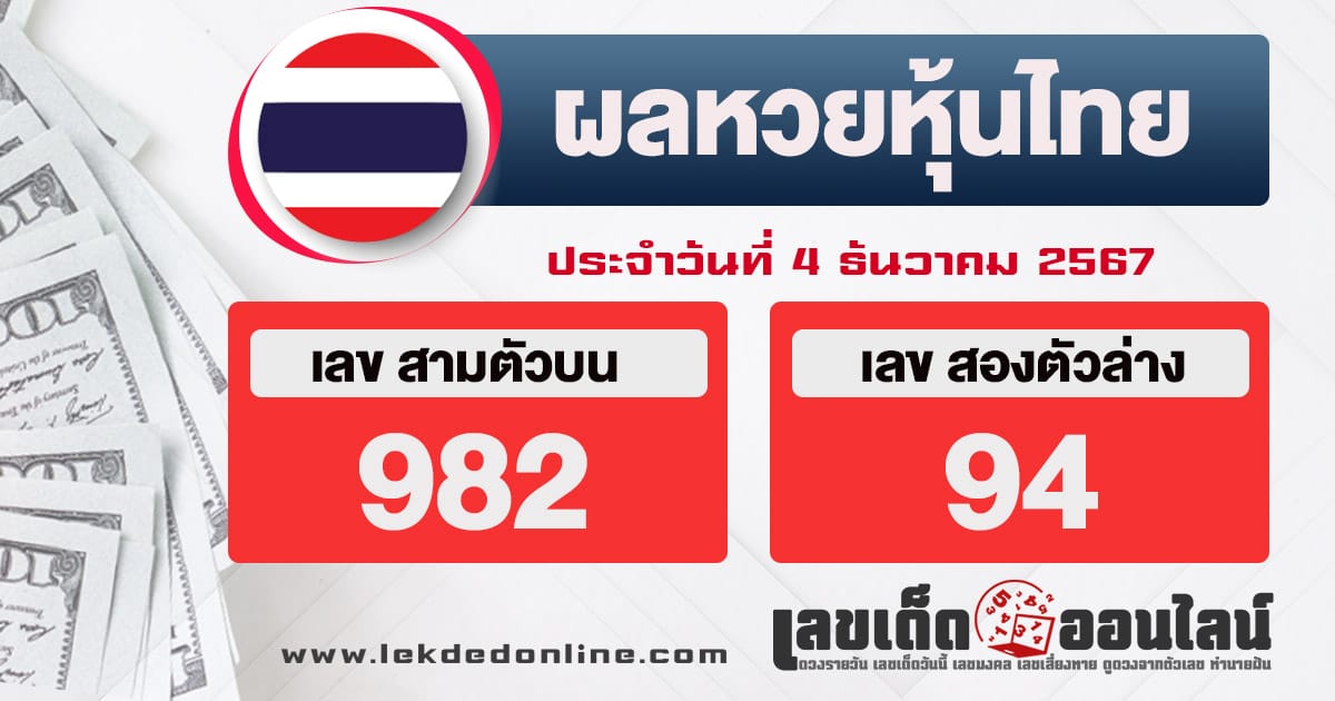 ผลหวยหุ้นไทย 4/12/67-''Thai stock lottery results 4/12/67''