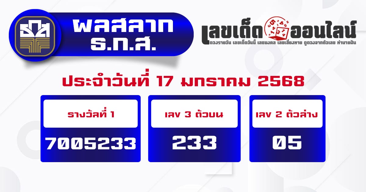 ผลหวยธกส 17/01/68- ''BAAC lottery results 17/01/68''