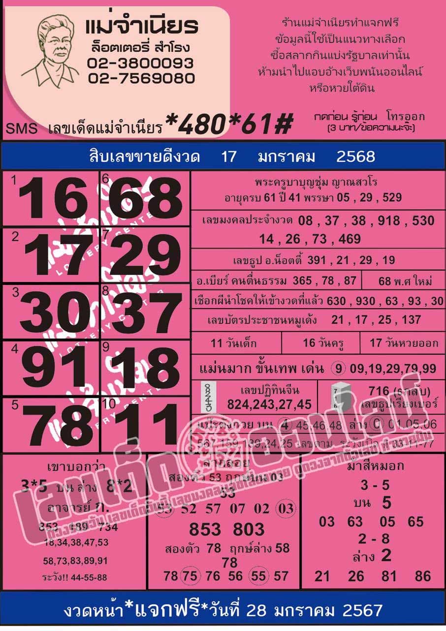 เลขแม่จำเนียร 17 1 68-"Lottery Mae Jamnien 17 January 2025"