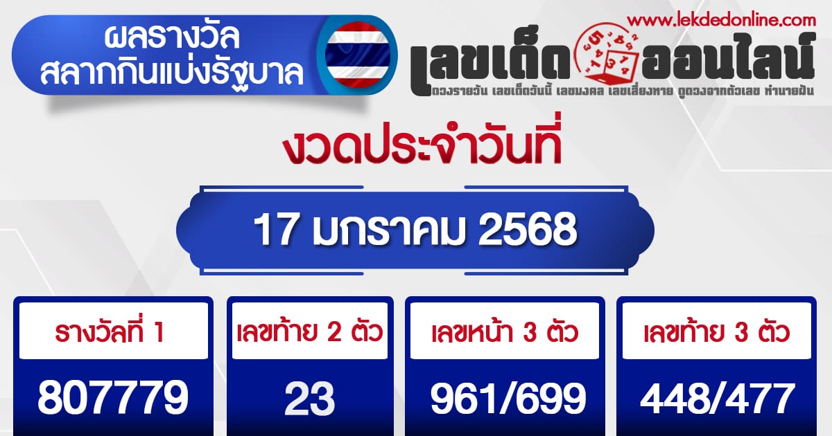 ผลหวยรัฐบาลไทย 17/01/68-''Thai government lottery results 17/01/68''