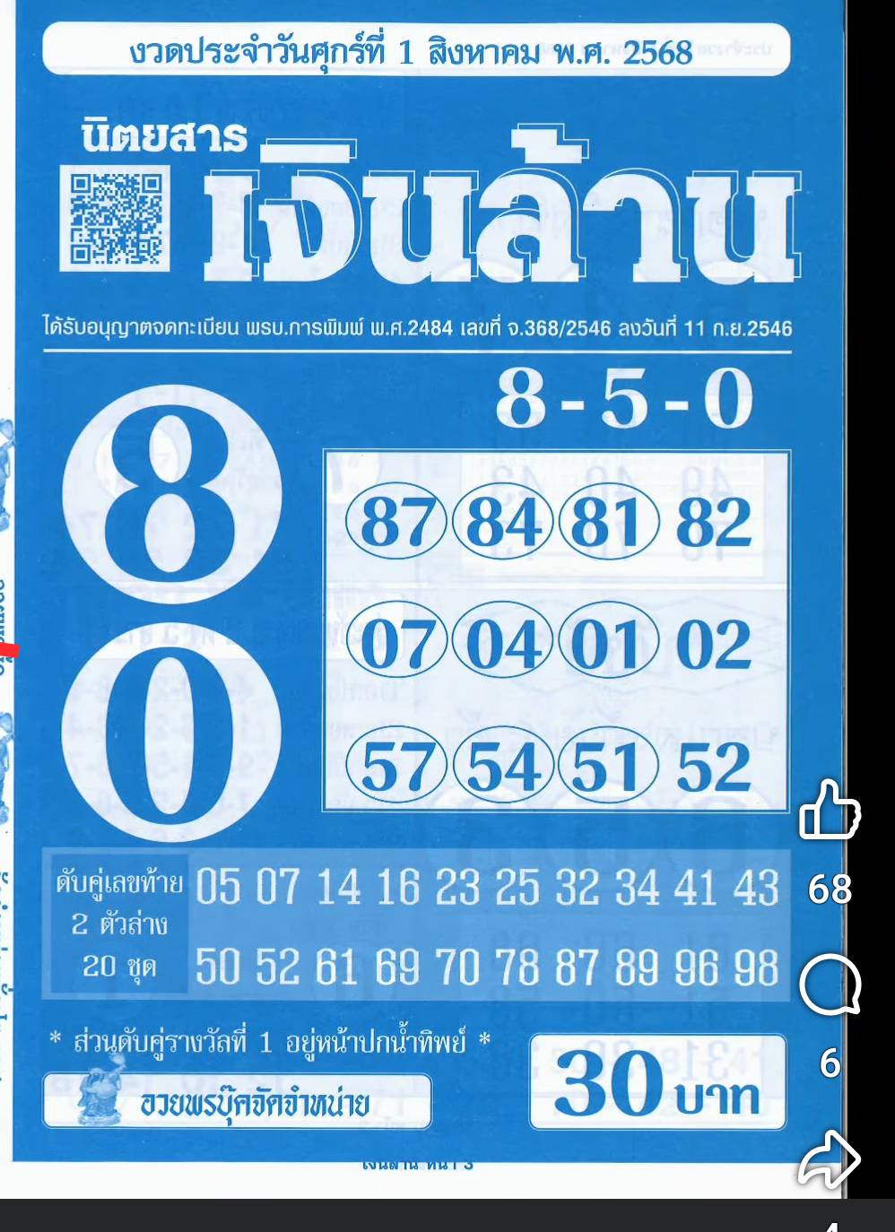 หวยเงินล้าน 16/8/68
